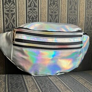 Holographic Silver Fanny Pack with access to one large storage compartment.